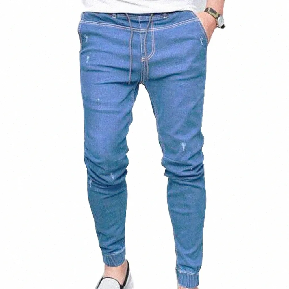 Hommes crayon jean pantalon pantalon en jean slim grande taille survêtement taille élastique pantalon D6PT #