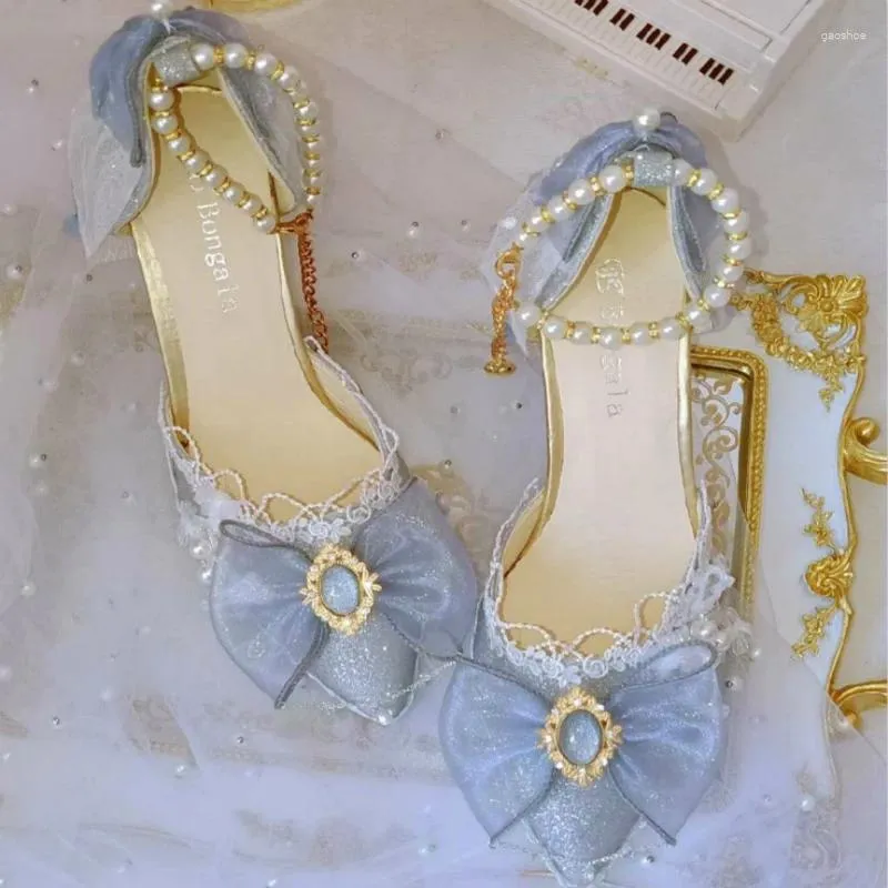 Sapatos de vestido bonitos meninas festa de chá anime cosplay casamento mulheres lolita bowknot laço ponto dedo do pé salto alto 7cm kawaii cos