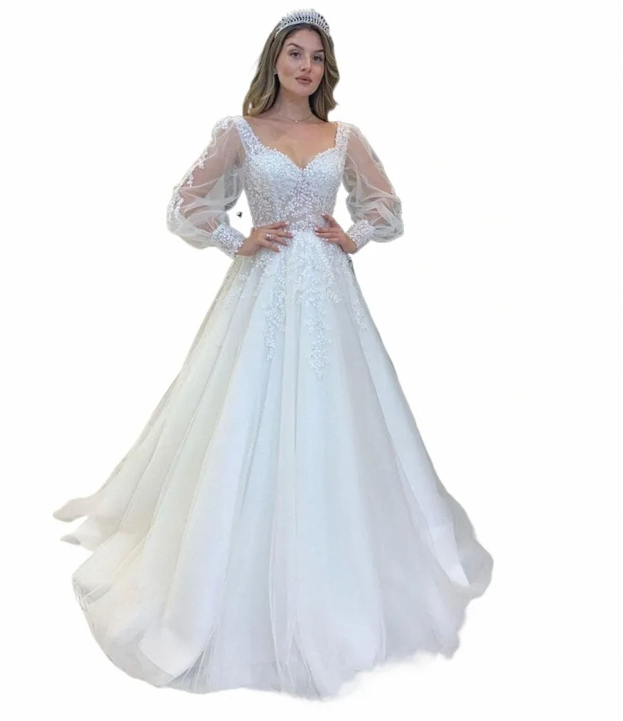 wedding Dr Gorgeous Lg Sleeve A-Line Puff Sleeve Sweep Train Backl Bridal Gowns Lace Beaded Gorgeous Robe De Mariee x6Iv#