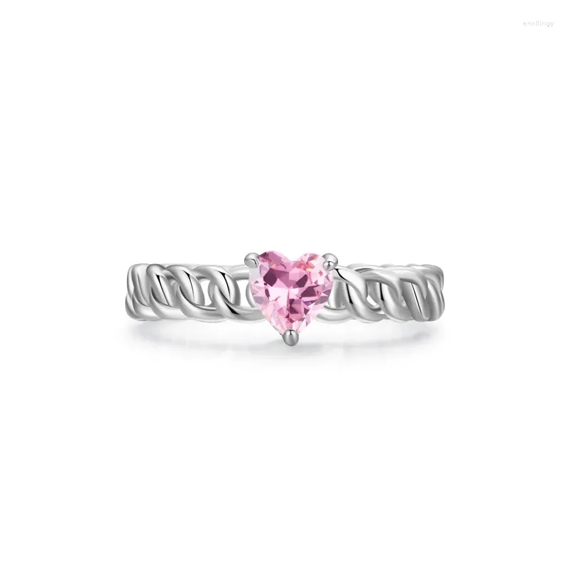 Anelli a grappolo Anello in argento sterling S925 con diamante simulato rosa a forma di cuore per catene da donna con un design unico e dolce