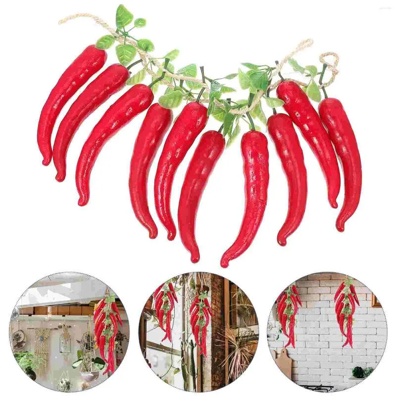 Flores decorativas 2 cordas simulação vermelho longo pimenta chili decorações pendurado casa legumes fazenda pingentes pimentas falsas