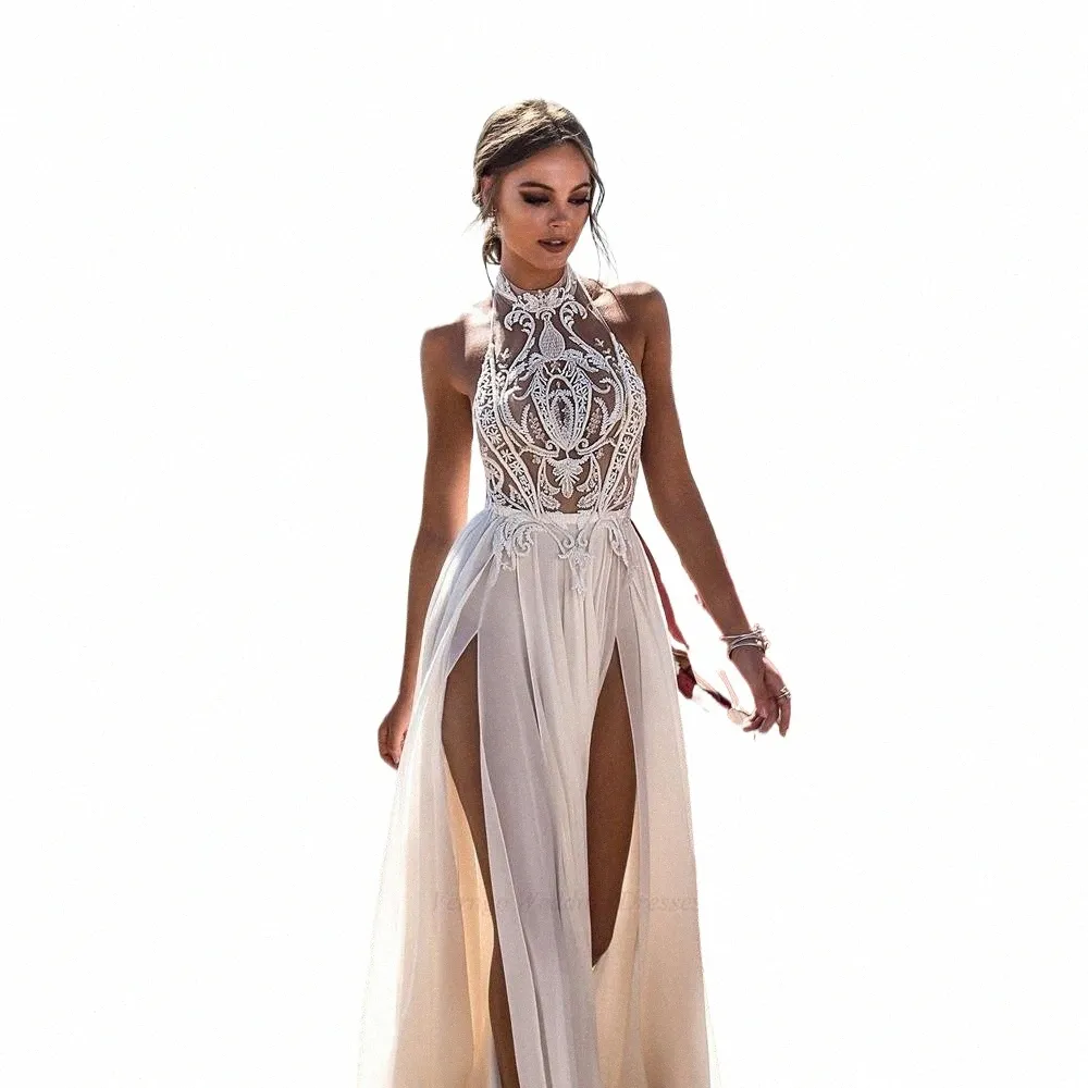 Praia Casamento Dr Boho Vestido de Noiva Sexy High Side Slit Halter Lace Top Chiff Saia Lg Backl Bridal Dres 34JK #