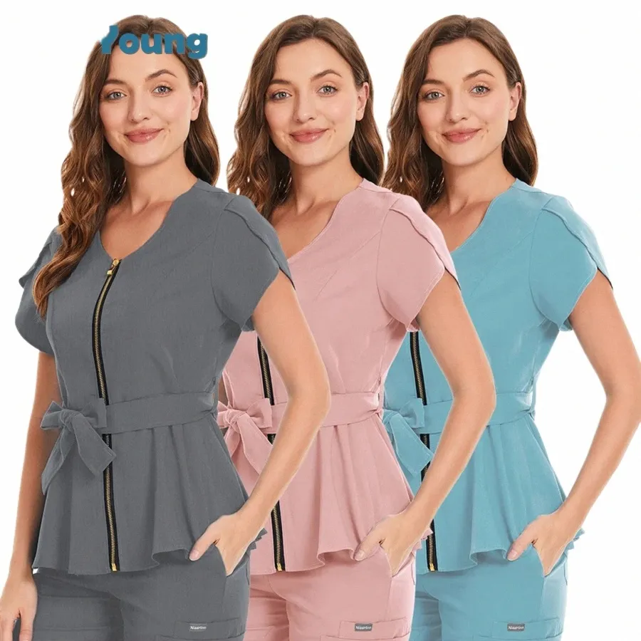 Kort ärm i skönhetssal Workwear Temperament Women's Top Nursing Blue Sexig Zip Scrub Topps Nursing Uniform T-shirt 2 fickor L25S#