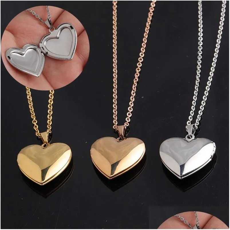 Pendant Necklaces Romantic Heart Shaped Friend Picture Frame Locket Necklace Stainless Steel Love Jewelry Couple Valentines Day Gift D Dhz3S