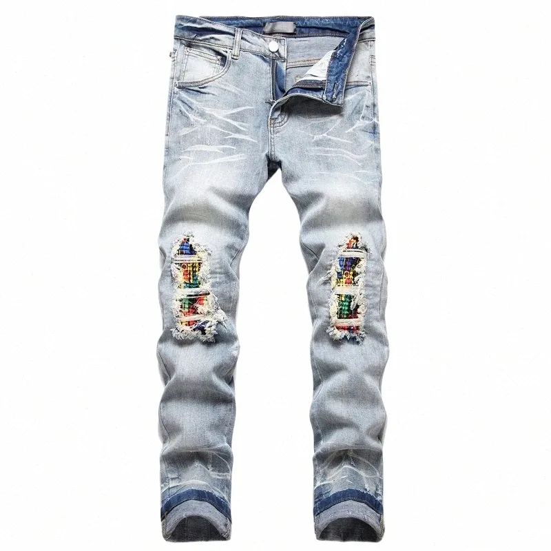 Nouveau Patch de couleur déchiré Jeans pour hommes marque à la mode Persalized Slim Fit polyvalent élastique bleu clair décontracté crayon Denim pantalon i5sm #