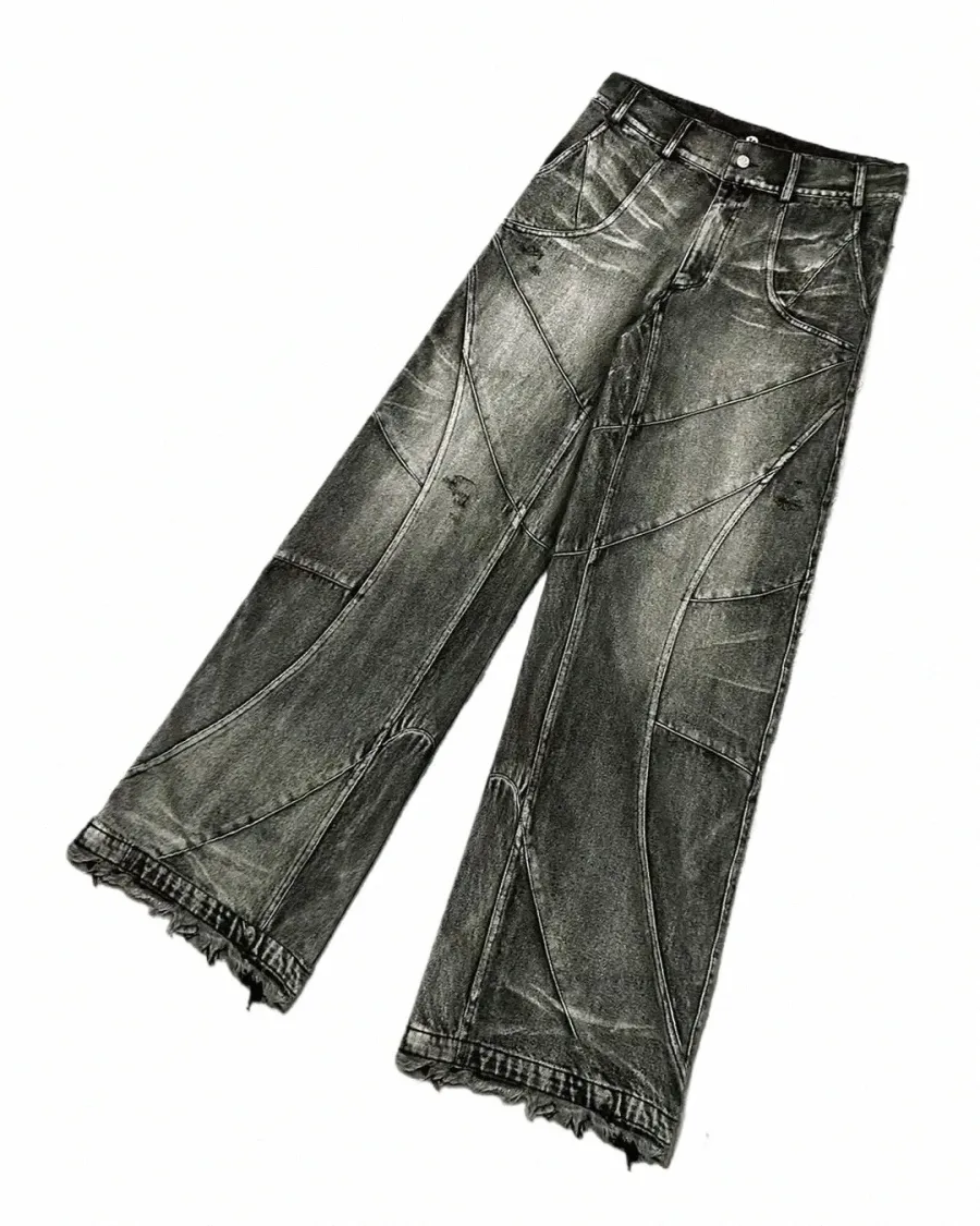 Y2K Jeans con cuciture distrutte Jeans da uomo neri Jeans stile gotico Street Trend Abbigliamento Pantaloni larghi a gamba larga allentati Autunno Ragazzi G6J4 #