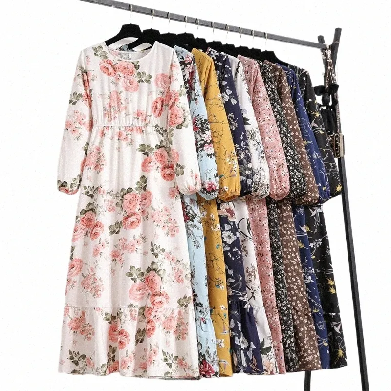 Wiosenne lato Kobiety Maxi Dres Casual Full Sleeve Floral Printed O Neck Woman Bohe Beach Party Lg Dr Mujer vestidos O5zi#