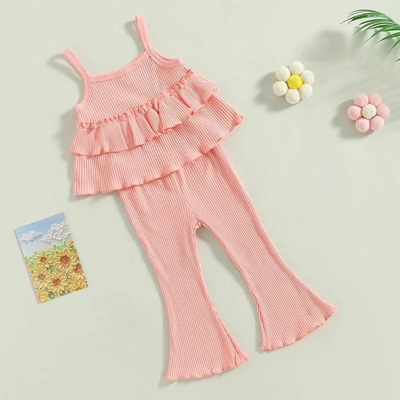 Kläduppsättningar Småbarn Baby Girl Bell Botts Outfit Ruffle Layered Camisole Tops Flare Pants Little Kids Ribbed Summer Clothes