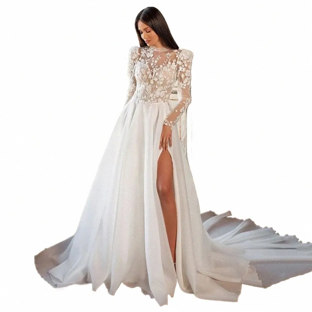 bellissimo lusso Bohemian alta forcella abito da sposa A-Line collo alto in pizzo tulle spiaggia abito da sposa maniche Lg Sweep Train Nuovo V5QX #