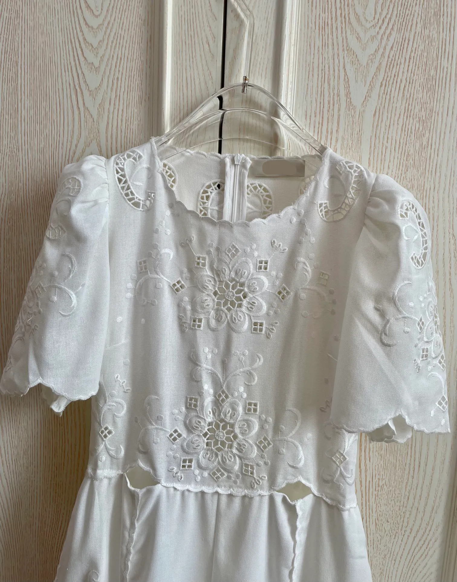 Womens white cotton blend midi dress with crew neck, short puff sleeves,  hollow out embroidery, and floral pattern from Dhgate Basic & Casual Dresses  - price 248.25