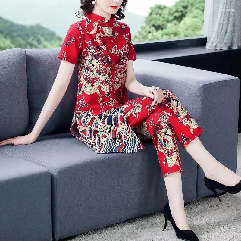 Women's Two Piece Pants Women Cotton Linen Suit 2024 Summer Fashion Set M- 4XL Female Mother's Cheongsam 2