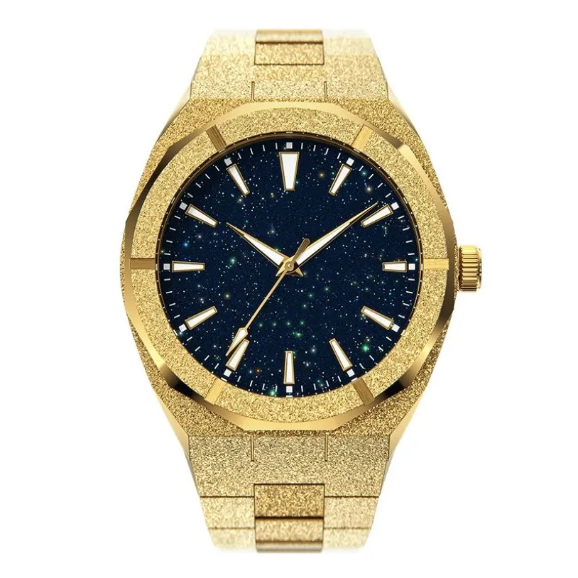 Armbandsur av hög kvalitet män mode frostad stjärna damm klocka rostfritt stål 18k guld kvarts analog handled för 221025267m