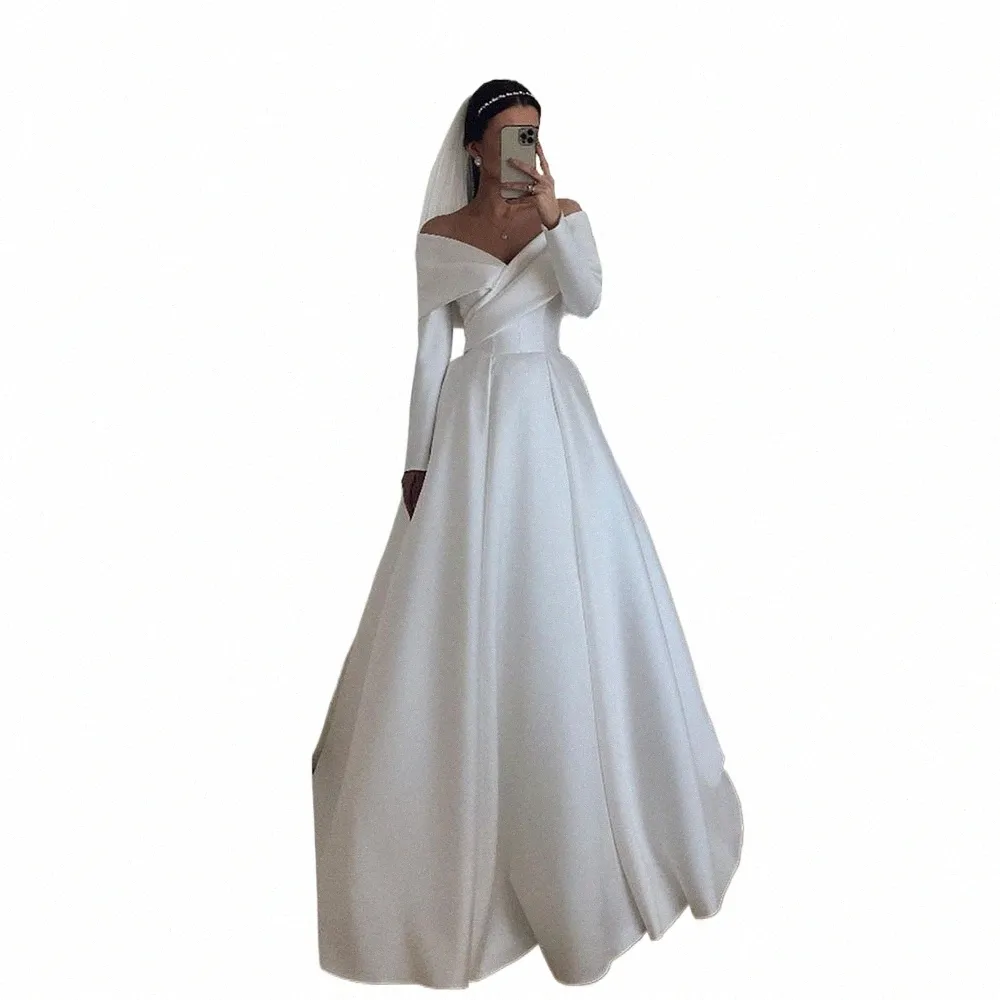 Sodigne Abito da sposa in raso con maniche Lg Dubai Elegante sposa Dr A-Line Bianco / Avorio Abiti da sposa abiti da sposa 81wr #