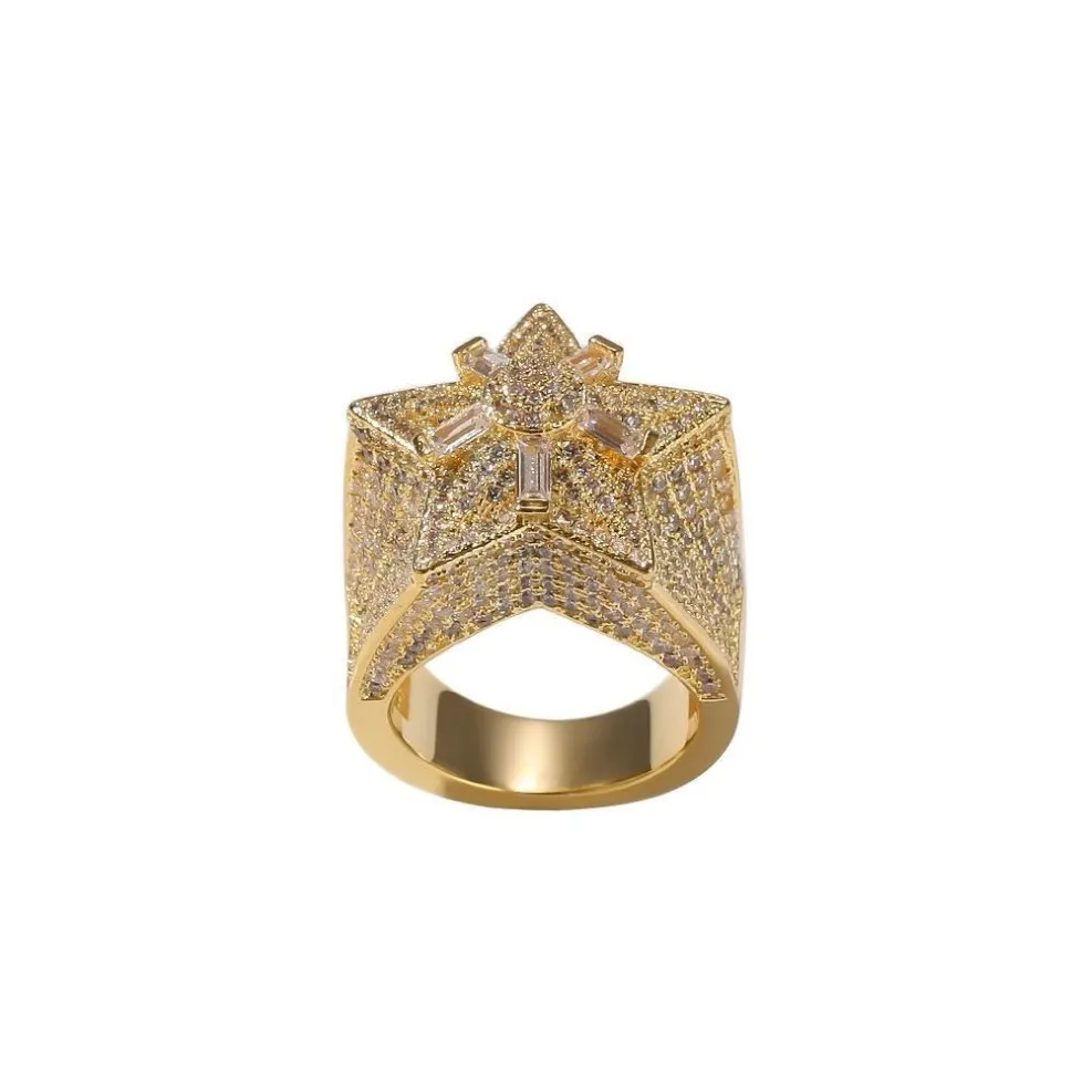 Micro pavé de zircone cubique glacée, bagues étoiles glacées pour hommes et femmes, bague en or Hip Hop, bague de mariage complète en diamant, bijoux 251N