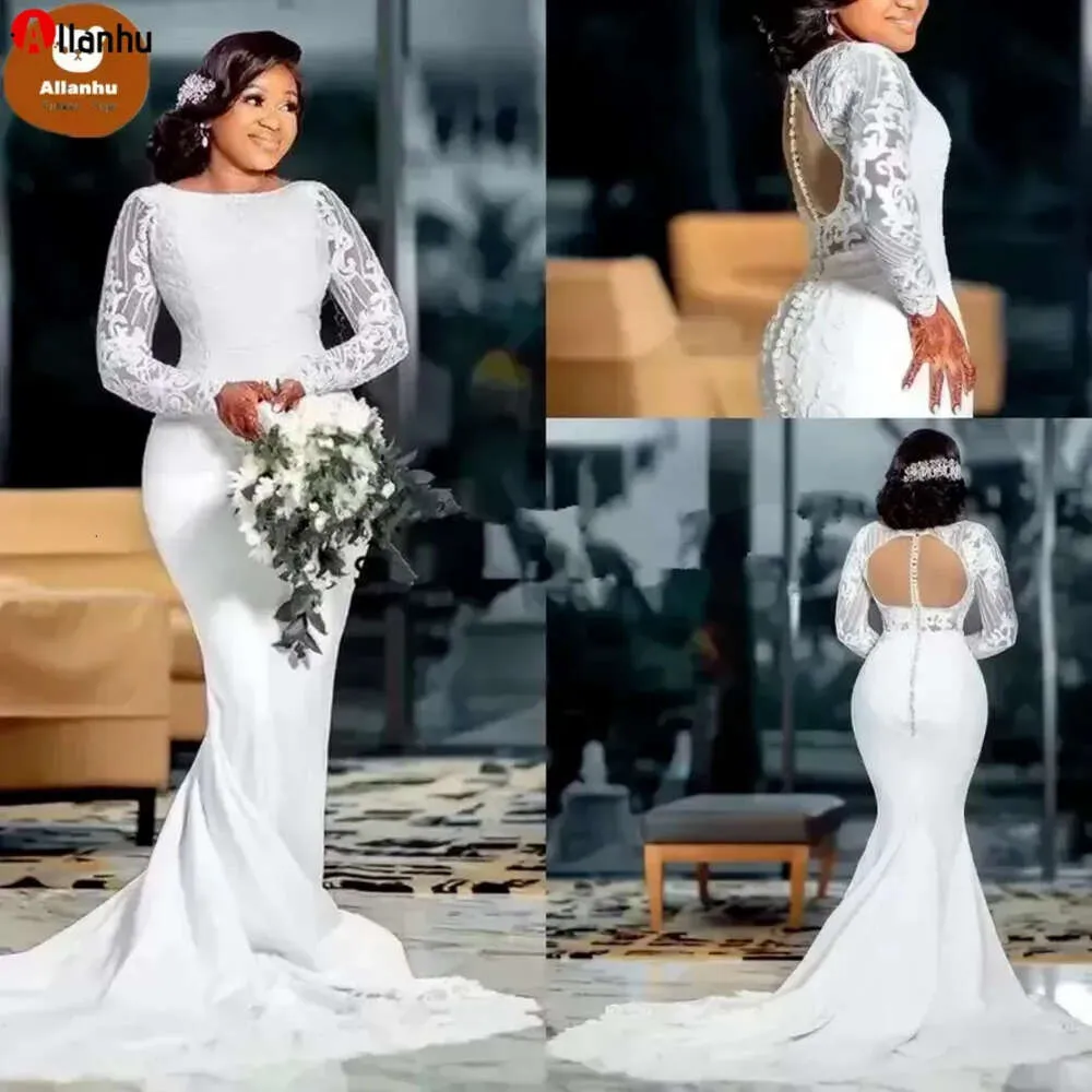 Cordón blanco Tallas grandes Árabe Aso Ebi Vestidos de novia de sirena con cuentas Mangas largas Botones cubiertos Volver Vestidos de fiesta nupciales africanos WVDF