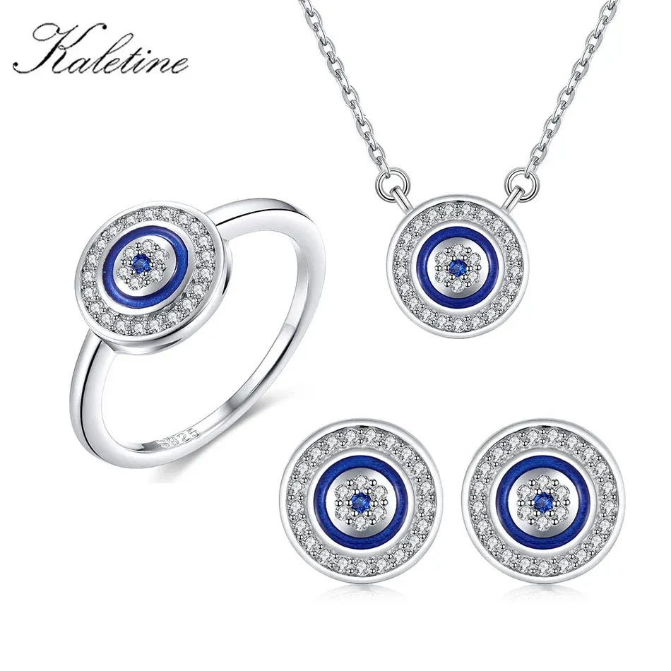 Kettingen kaletine kalkoen cz boze eye eye sterling sier sieraden sets voor vrouwen blauwe ronde ronde ketting ringbuien oorbellen bruiloft