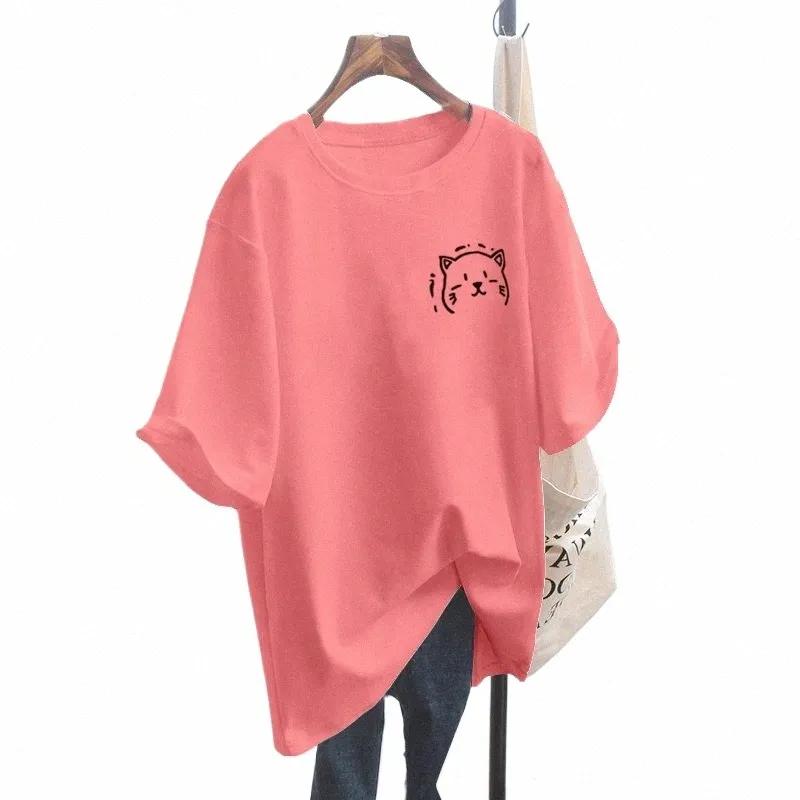 Ny Summer Fi O Neck Short Sleeve Plus Size T-shirt Women Cat Graphic All-Match Tees Harajuku Overdized Casual Tops Z3VH#