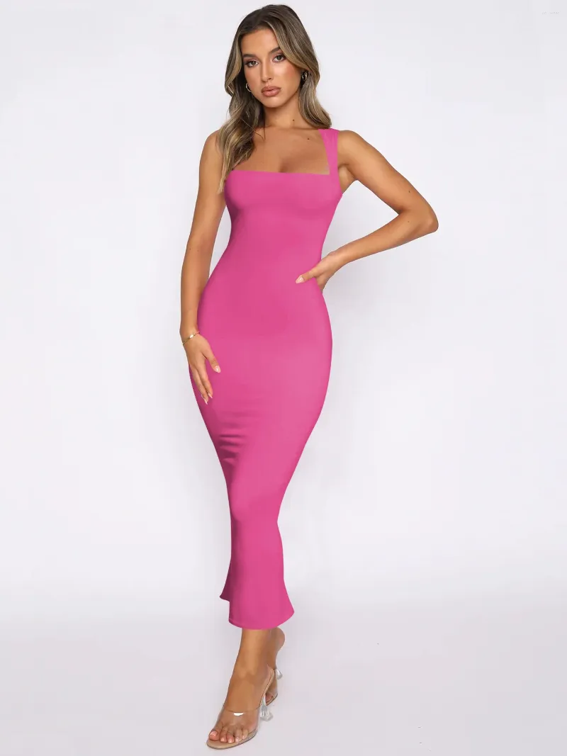 Casual Dresses Women's Spring Summer Bodycon Pencil Dress Sexig ärmlös Square Neck Back Slit Maxi Elegant Cocktail Evening Party