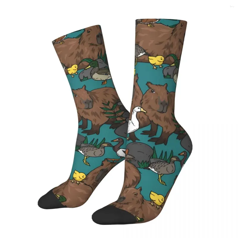 Herrstrumpor Vintage Capybaras och Ducks unisex Novelmönster tryckt Crazy Crew Sock Gift