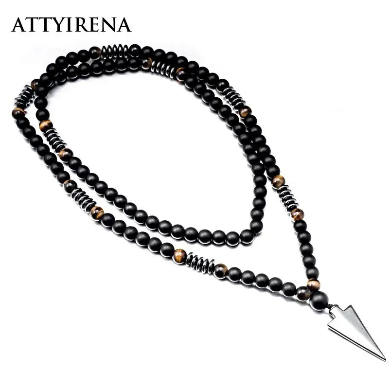 Collane Nuovo design Collana lunga 8MM Tigre Pietra Perlina Nero Uomo Ematite Triangolo Pendenti Collana Geometria Gioielli vintage gotici