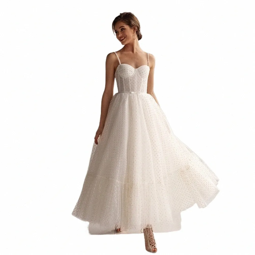 Princ Court Wedding Dr 2022 Une ligne chérie bretelles spaghetti Dot Tulle robe de mariée à lacets dos longueur cheville sur mesure c6fP #