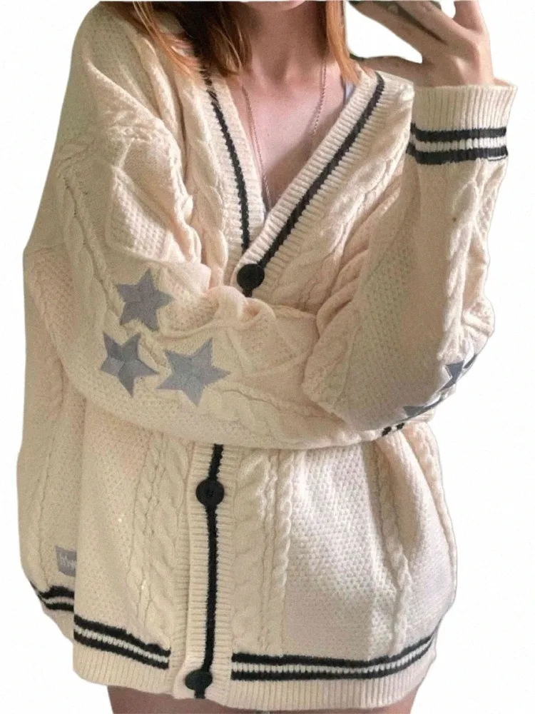 Vintage Star Print Cardigan tricoté Pulls pour femmes Preppy Mignon Butt Up Col V Lg Manches Manteau Lâche Automne Y2K Pull P8zz #