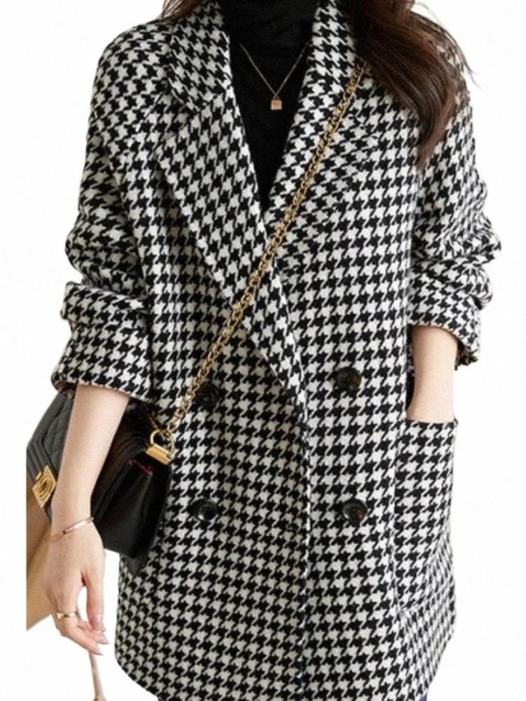 Autumn Women Fi Houndstooth Woolen Blazer Coat Double Breasted Vintage Casual Suit Jackor Female Outerwear Chic Tops New T1qg#