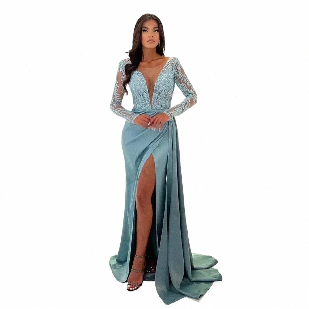 Sexy Evening Dres Femme Exquise Lace Applique Elegant Deep V-Col à col LG High Slit Mop Prom Gowns NOUVEAU 2024 86DA #