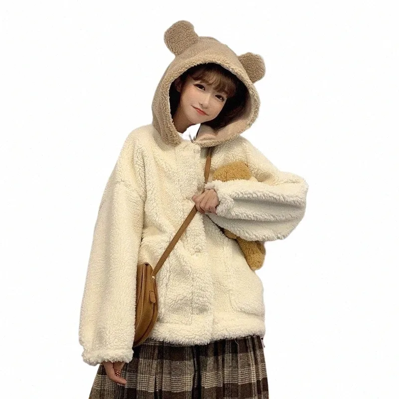 women Lolita Teddy Hooded Soft Girl Soft Fabric Sweet Kawaii Bear Ears Coat Japanese Ins Cute Plush White Jacket Youthful Parka u72Z#