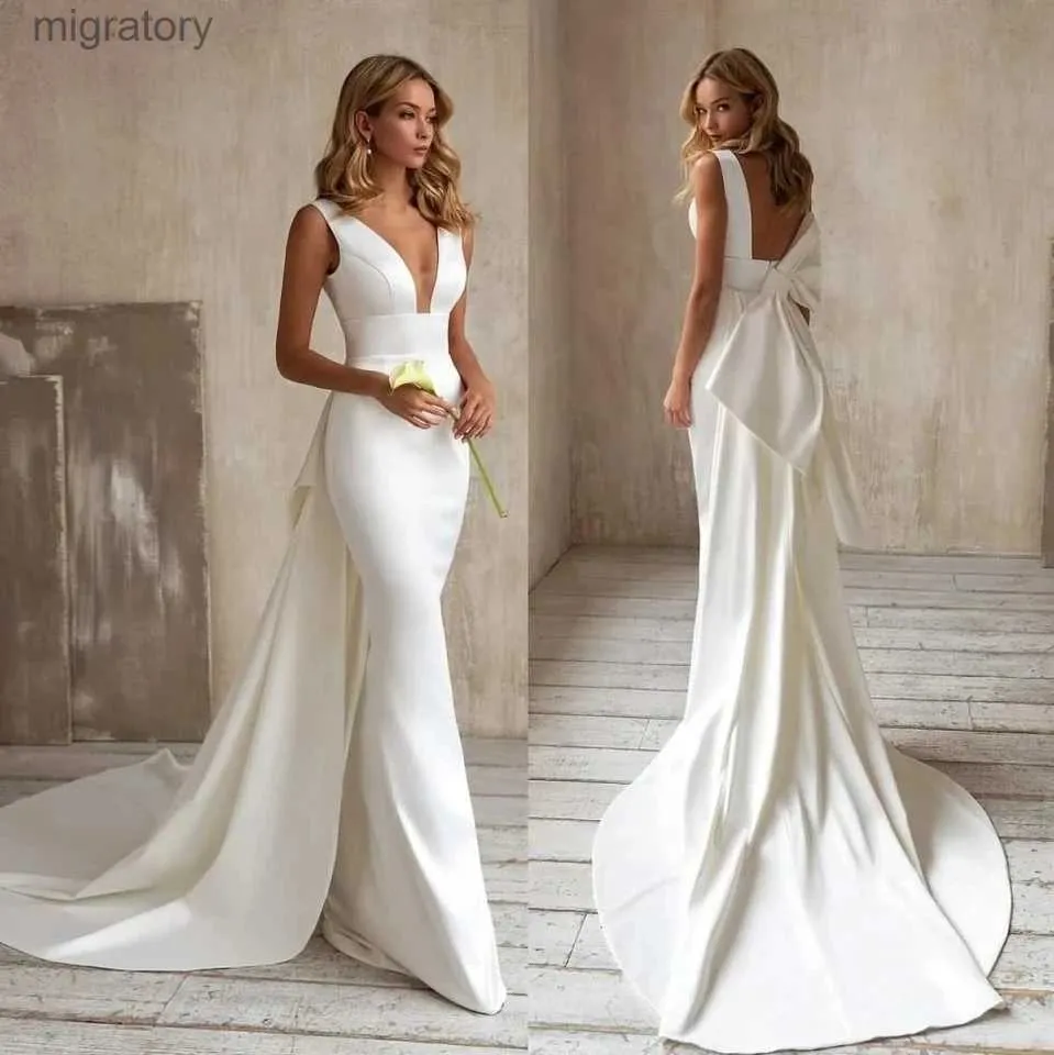 Robes sexy urbaines robe de mariée sirène 2024 train détachable noeud col en v élégant blanc ivoire Boho robe de mariée simple sans manches robes De Novia yq240329