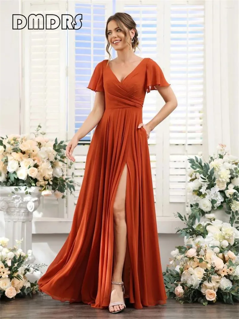 Vestidos casuais DMDRS |Elegante chiffon com decote em v vestido de baile para mulheres alargamento mangas curtas uma linha fenda lateral sem costas longo formal noite