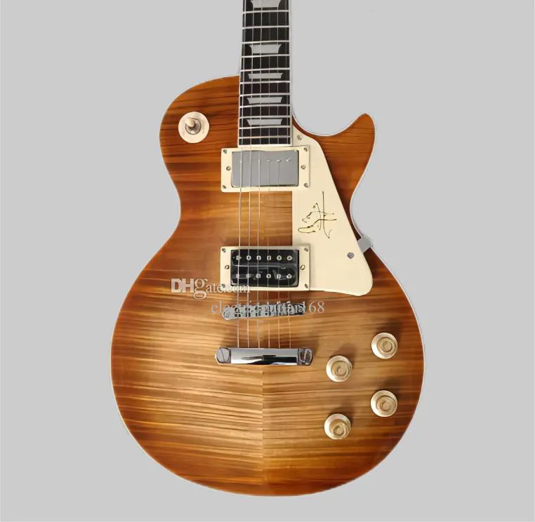 Nuovo arrivo 1959 Jimmy Pagina Tiger Flame Maple-top Marrone chiaro Burst Guitar Guitar Mahogany Body, Chrome Hardware