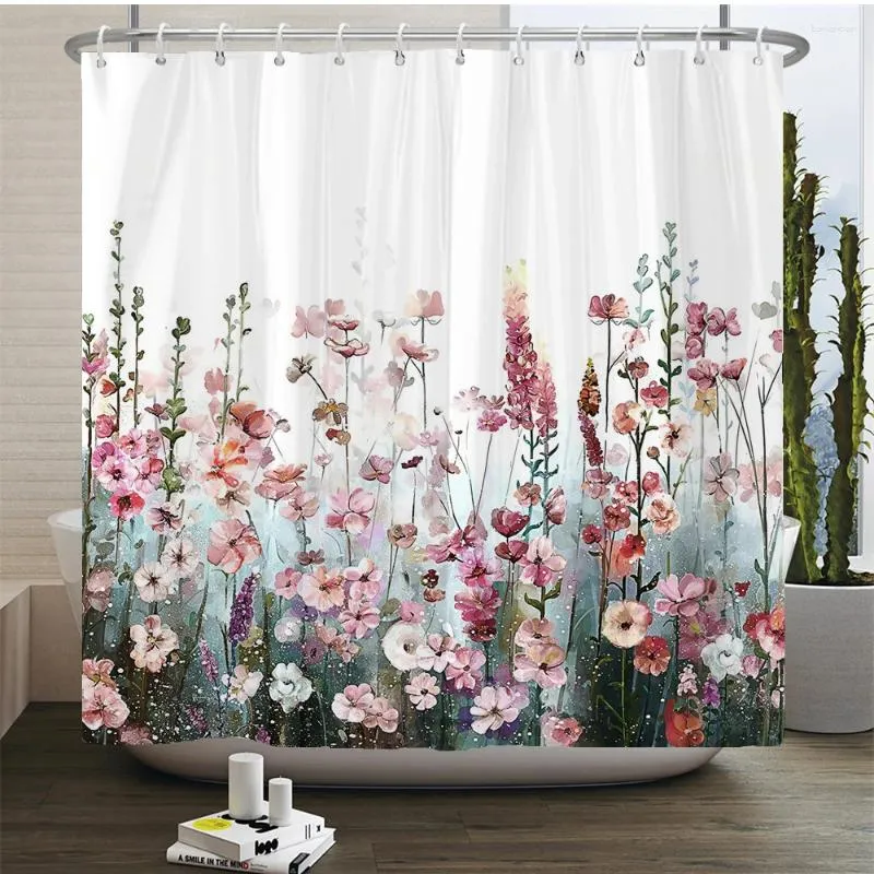 Cortinas de chuveiro aquarela flores cortina banheiro arte floral menina impermeável tecido banho decoração do quarto com ganchos