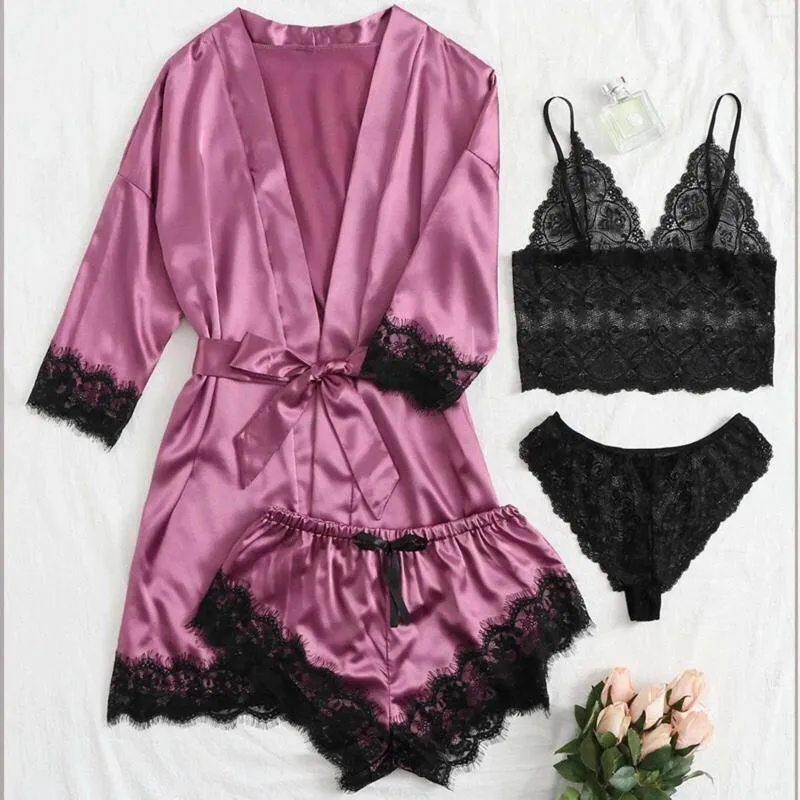 Vêtements à domicile 4pcs pyjamas en satin en satin de soie rose Set femmes en dentelle florale lingerie somnifères avec robe de nuit