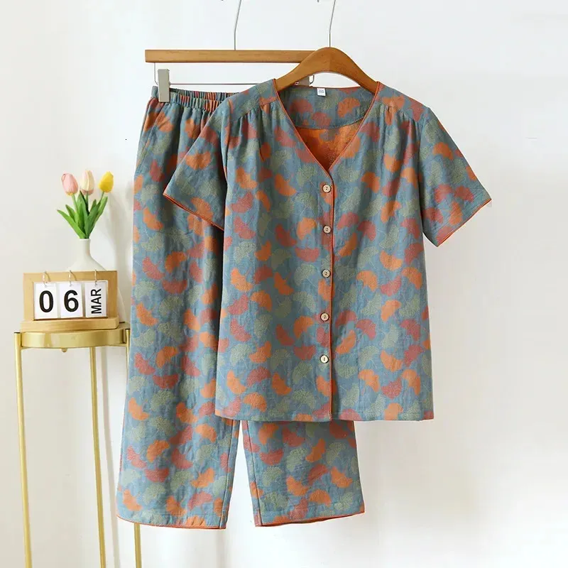 Springsummer Womens Pyjama Set 100% Cotton Short Sleepcapris Två stycke för stort blomma tunt heminredning 240326