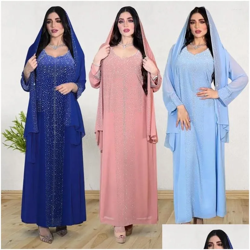 Abbigliamento etnico Abaya Abito musulmano Elegante manica lunga scollo a V Blu Rosa Diamanti Festa da sera Maxi Moda Drop Delivery Apparel Dhtxk