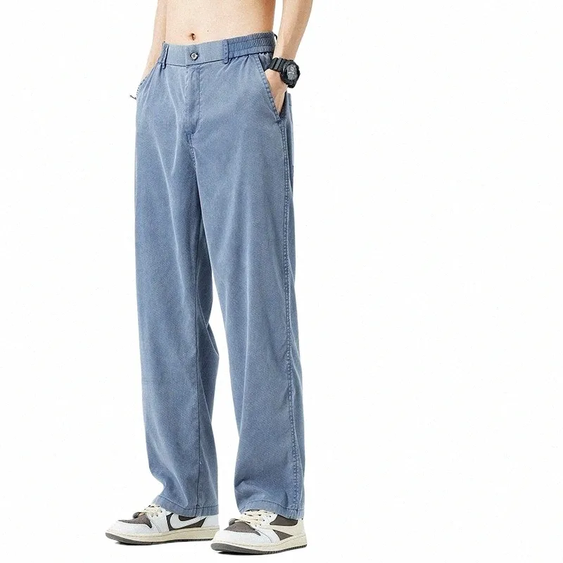 Summer Thin Baggy Lyocell Jeans Men's Fi Ice Silk Elastic Waist Fi Busin Casual Straight Trousers Blue Grey Black 68oo#