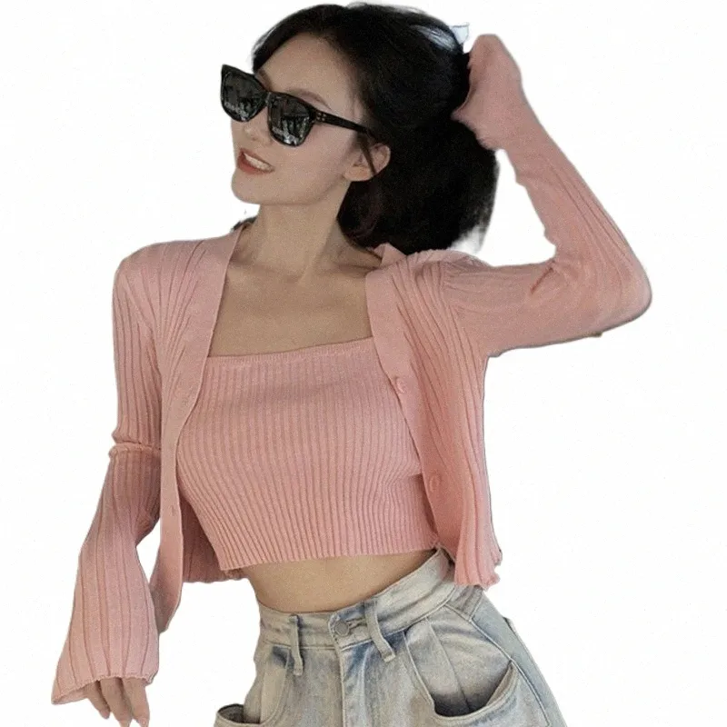 2pcs Slim Camisole Knit Cardigan Jacket Suit For Women Spring Outdoor Shop UV Protocti Tops Casual Tops H1LD#