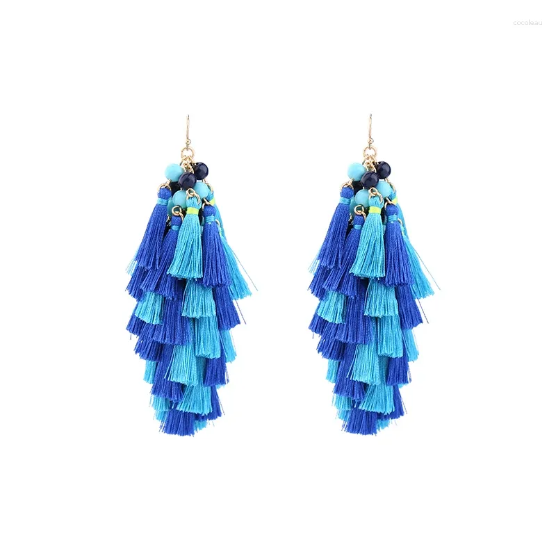 Dangle Earrings Elegant Blue Resin Cotton Tassel Pierced 2024 High Quality Bohemia Ethnic Jewelry