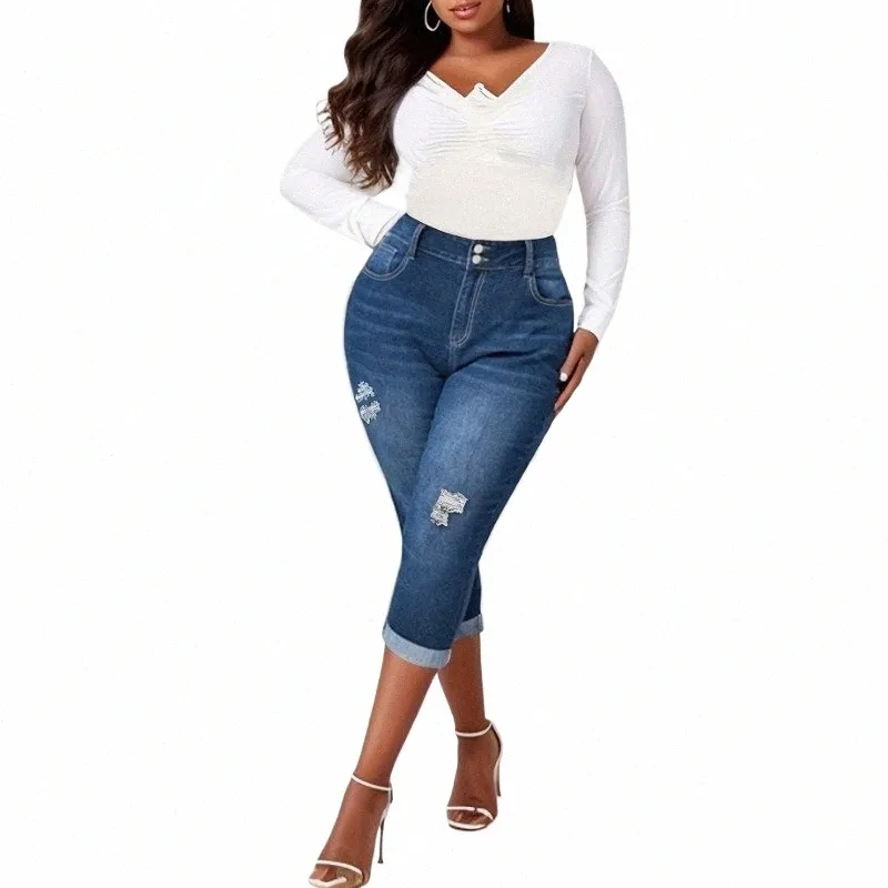 Kvinnors plus -storlek Casual Jeans, Wed Butt Fly Ripped Roll Up Hem High Rise Male Capri Jeans 19o2#