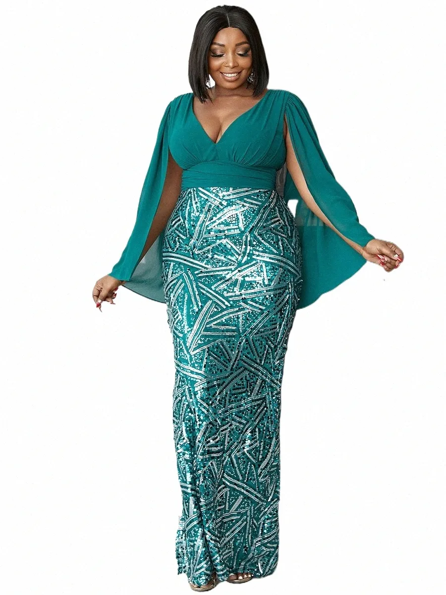 Missord Elegant Green Sequin Plus Size Party Dres Women V Neck Mesh Cloak Sleeve Bodyc Evening Prom Dr Ladies LG GOWN R4RS#