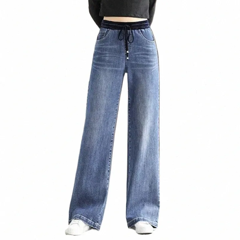Överdimensionerad 34 Casual Wide Leg Jeans Women Patchwork Hög midja Vintage Baggy Vaqueros Spring Denim Pants spetsar upp rak Pantal S8pl#