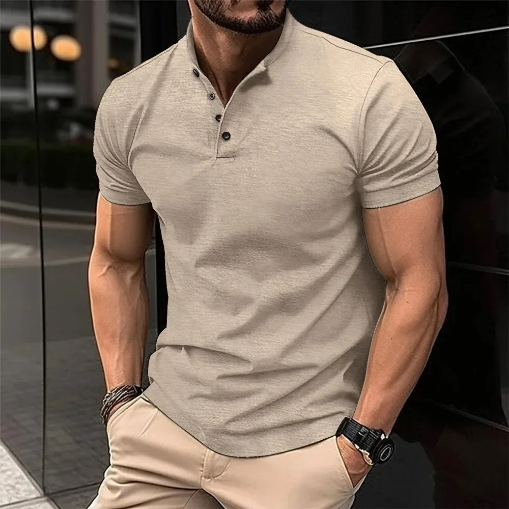 T-shirt manica corta da uomo casual tinta unita estiva per polo con colletto Henley Camicie da uomo di alta qualità taglia US S2XL 240320