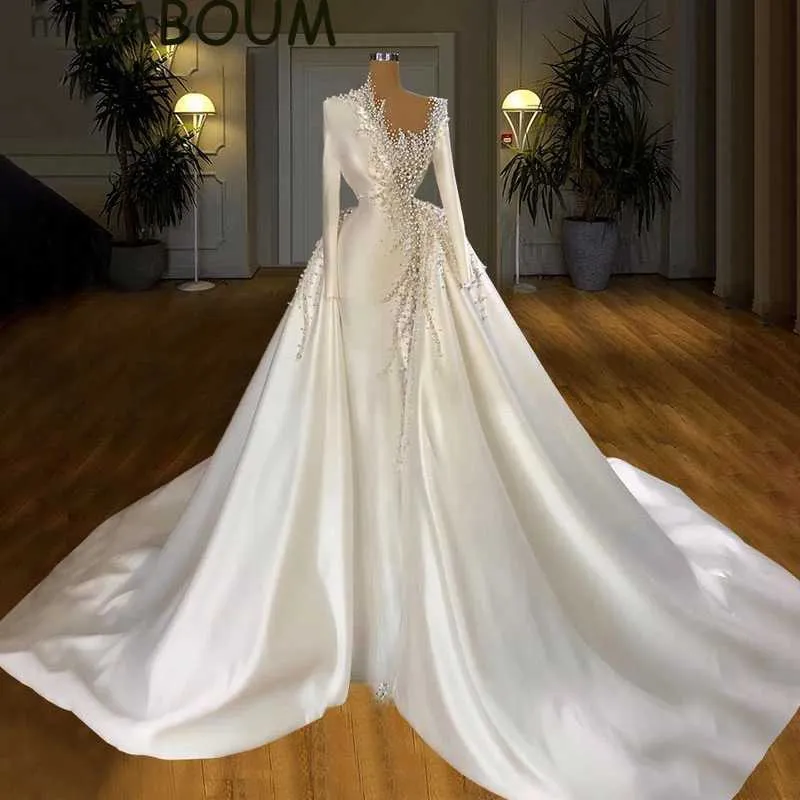 Urban Sexy Dresses LaBoum Modernes, perlenbesetztes Satin-Hochzeitskleid 2022, elegante Perlen, glitzernde lange Ärmel, abnehmbare Schleppe, rückenfreie Brautballkleider yq240329