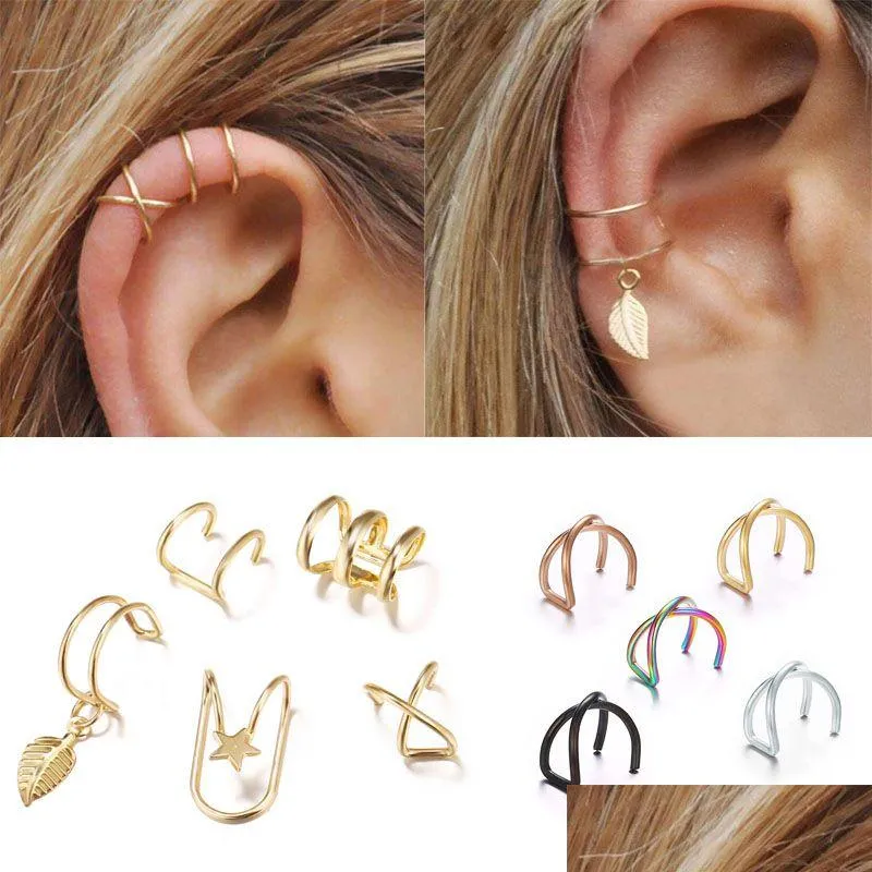 Ear Cuff American New Fashion Womens Simple Earrings Personlighet Mticolor Gold Sier Leaf Dangle Charm smycken för Drop Delivery Dhtzm