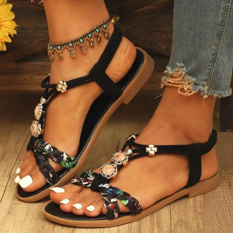 Sandalias Verano Mujer Playa Chanclas Zapatos Boho Suela Suave Cuña Elástica Tobillo Correa Clip Toe Sandalias Romanas