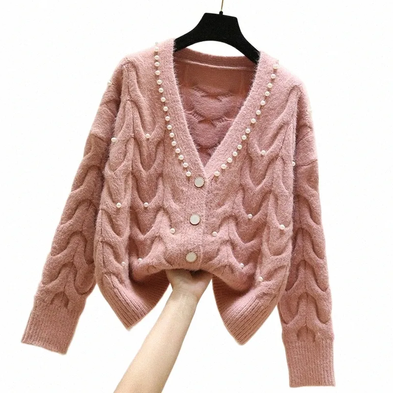 2023 Ny FI All-Match Sticked Ytter Wear Sweater Sweet Pärled V-Neck Sticked Cardigan Women's Spring M2DQ#