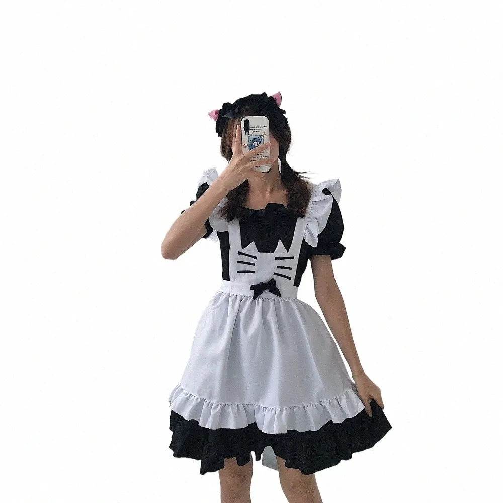Czarna biała koty strój cosplay seksowna lolita anime urocza miękka dziewczyna mundur atrakcyjny set kacyna kacynowa v0w4#