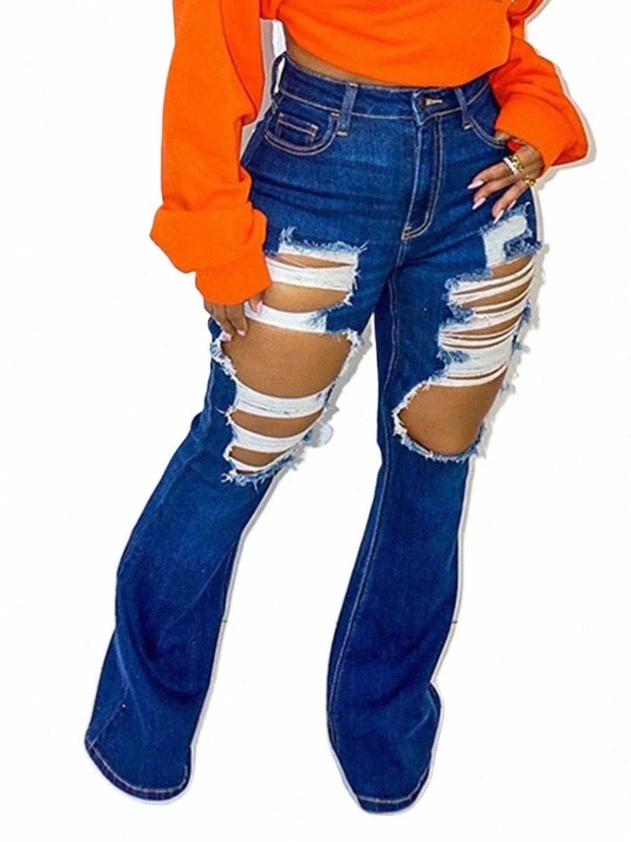 LW Plus Size Woman Autumn Casual High-midja Ripped FLAGE FI Jeans R5VA#