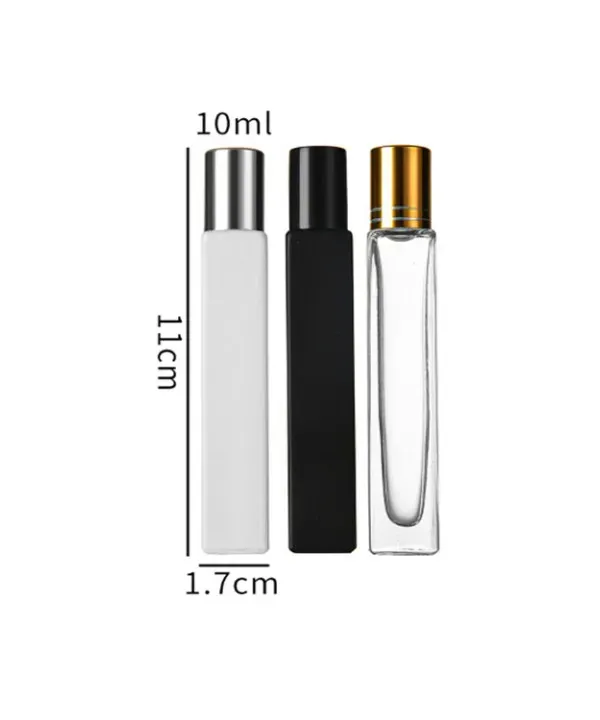 Empty Square Glass Roll On Bottles 10ml Essential Oil Perfume Bottle with Matte Black/White Color Stainless Steel Roller Ball 11 LL